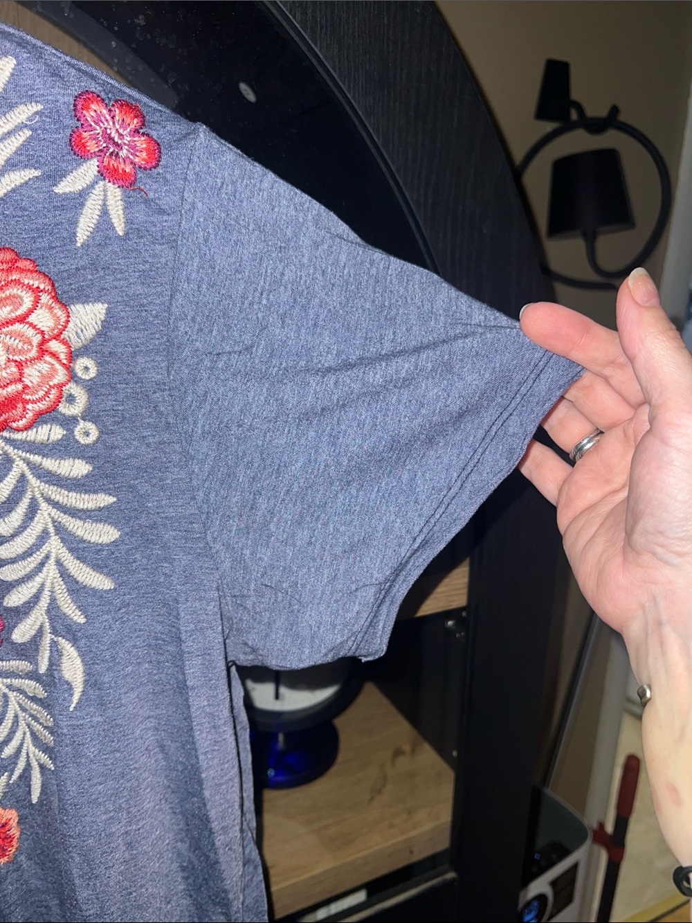 Johnny Was Blue Short Sleeve V-Neck Top with Red/Beige Floral Embroidery XL - Picture 7 of 14